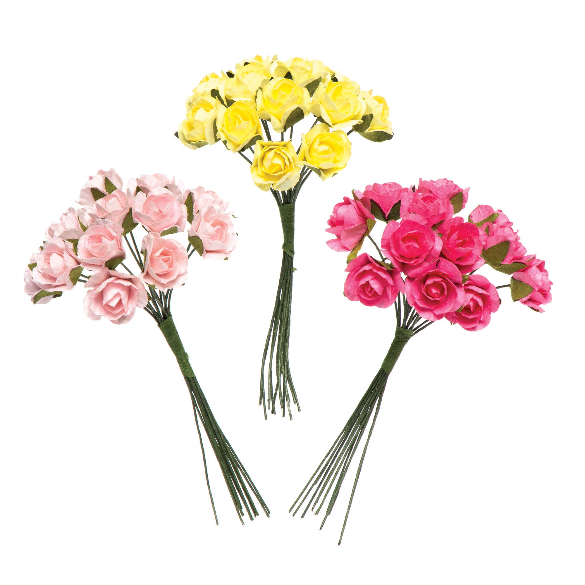 Baker Ross AR284 Mini Paper Roses (Yellow/Dark Pink/Bright Pink), Perfect for Decorations, Collages and Displays (Pack of 30)