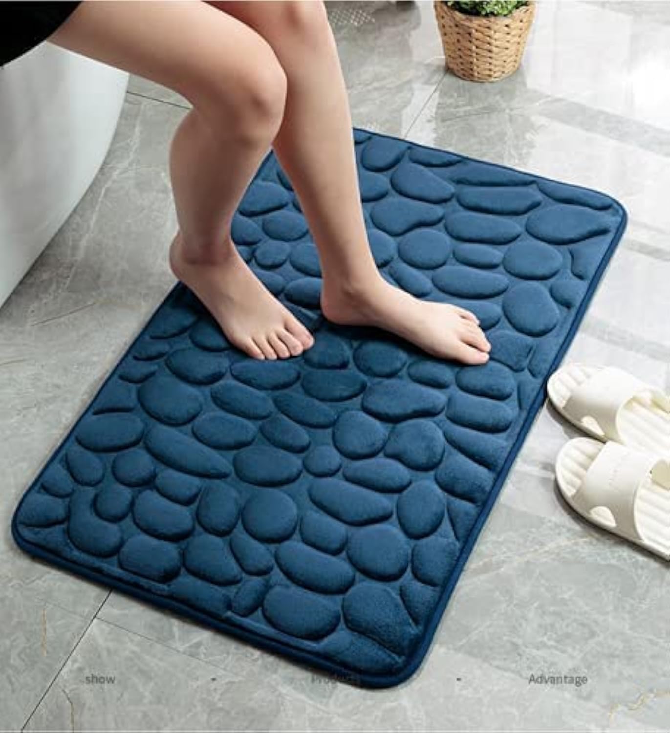 Sxspace Cobblestone Embossed Bath Rugs Mat Bathroom Floor Mat Set Memory Foam Bathmat Non Slip Washable Carpet (50x80cm/20 * 31inch, Dark Blue)