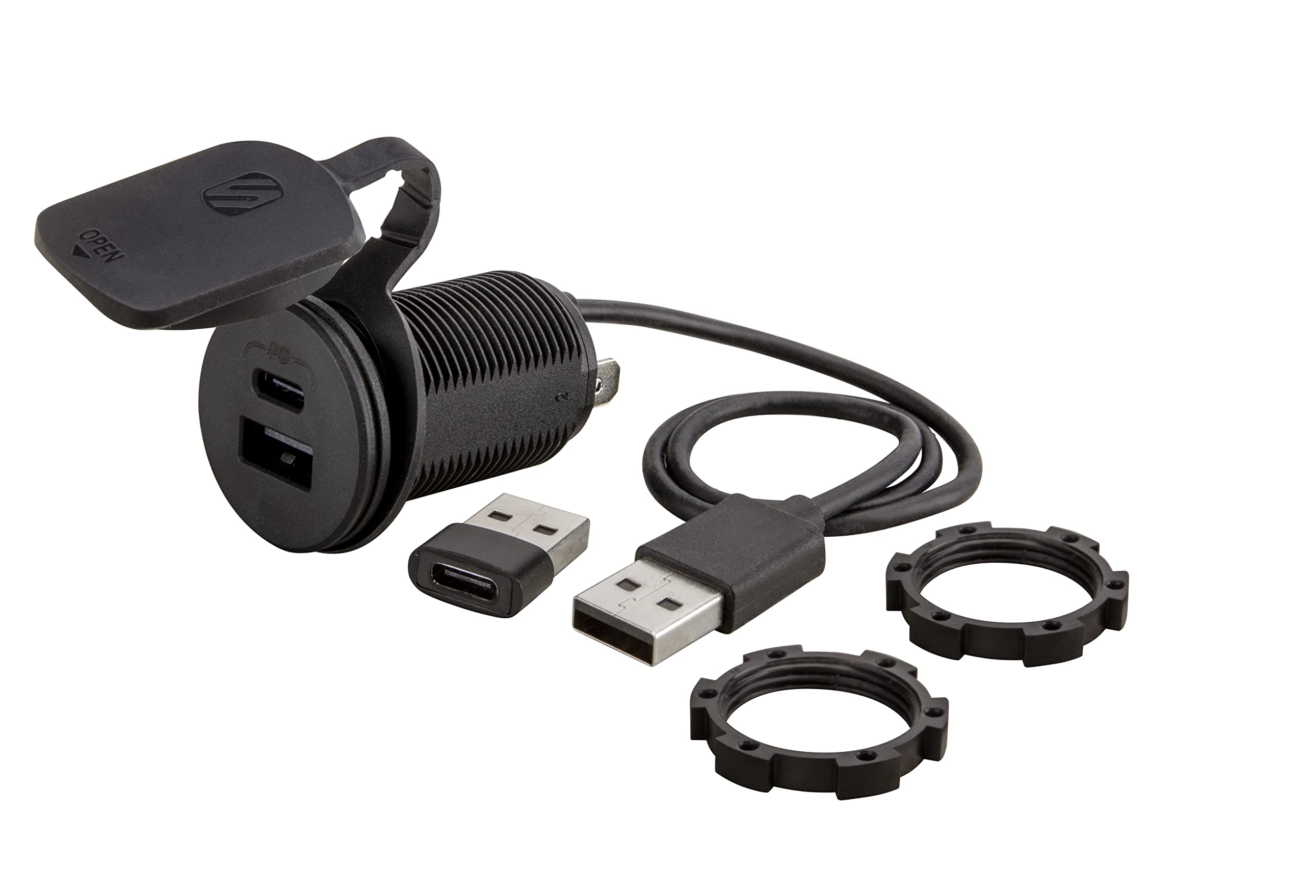 Scosche CPPDRLK-SP PowerVolt 27W Dash Port USB PD 3.0 Type-C Car Charger Compatible w/ Apple CarPlay & Android Auto Passthrough with USB-A to USB-C Adapter, Charger Socket for Car, Truck, Motorcycle