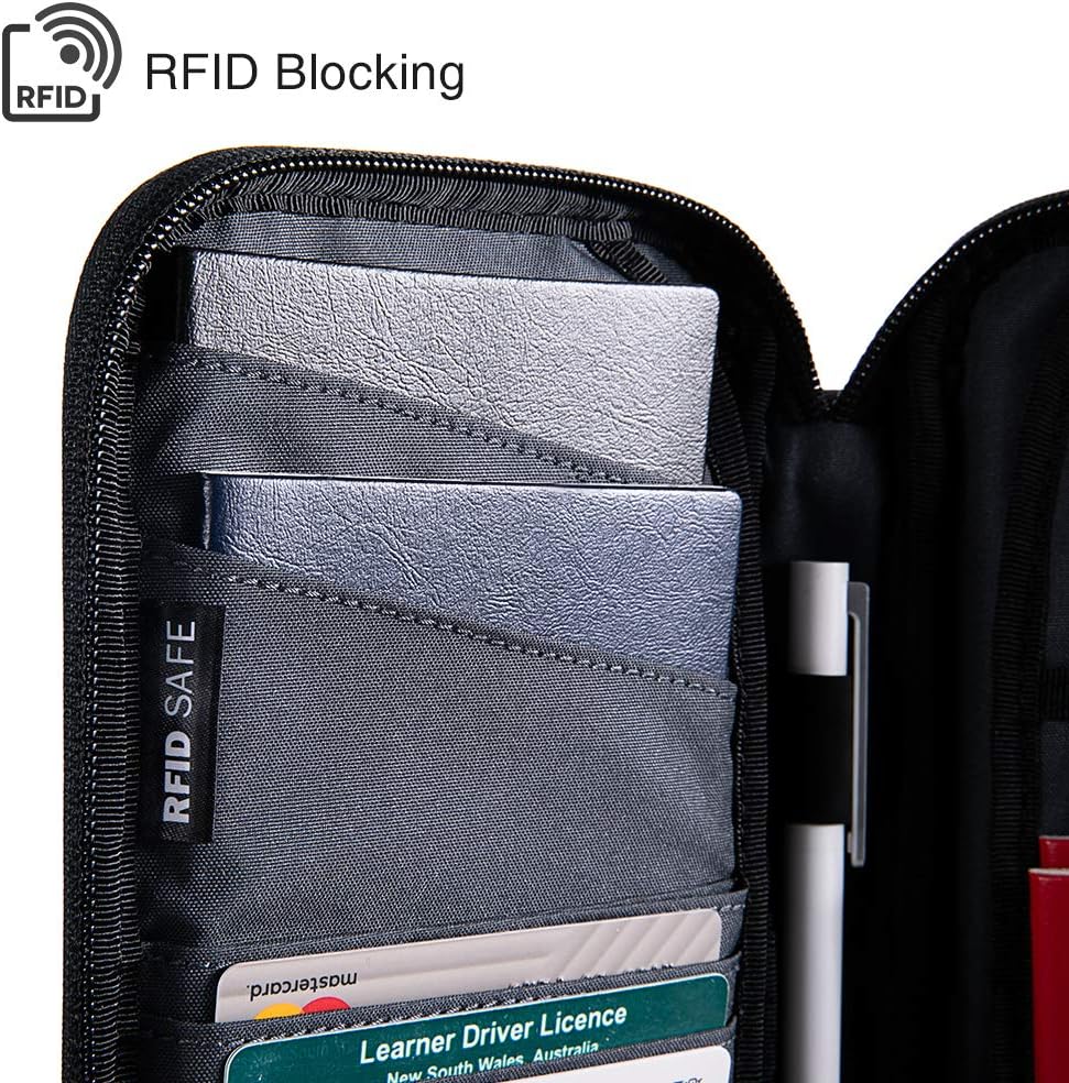tomtoc Family Passport Holder with a Sim Card Slot and Eject Pin, RFID Blocking Travel Passport Wallet, Waterproof Ticket Document Organizer Bag with Chain Strap, Up to 6 Passports 9 Credit Cards