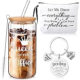 Paterr Christmas Secretary Appreciation Gift for Women 1 Glass Cup Tumbler with Lids and Straw 1 Travel Makeup Bag 1 Inspirational Keychain Queen Office Thank You Gifts for Secretary Employee