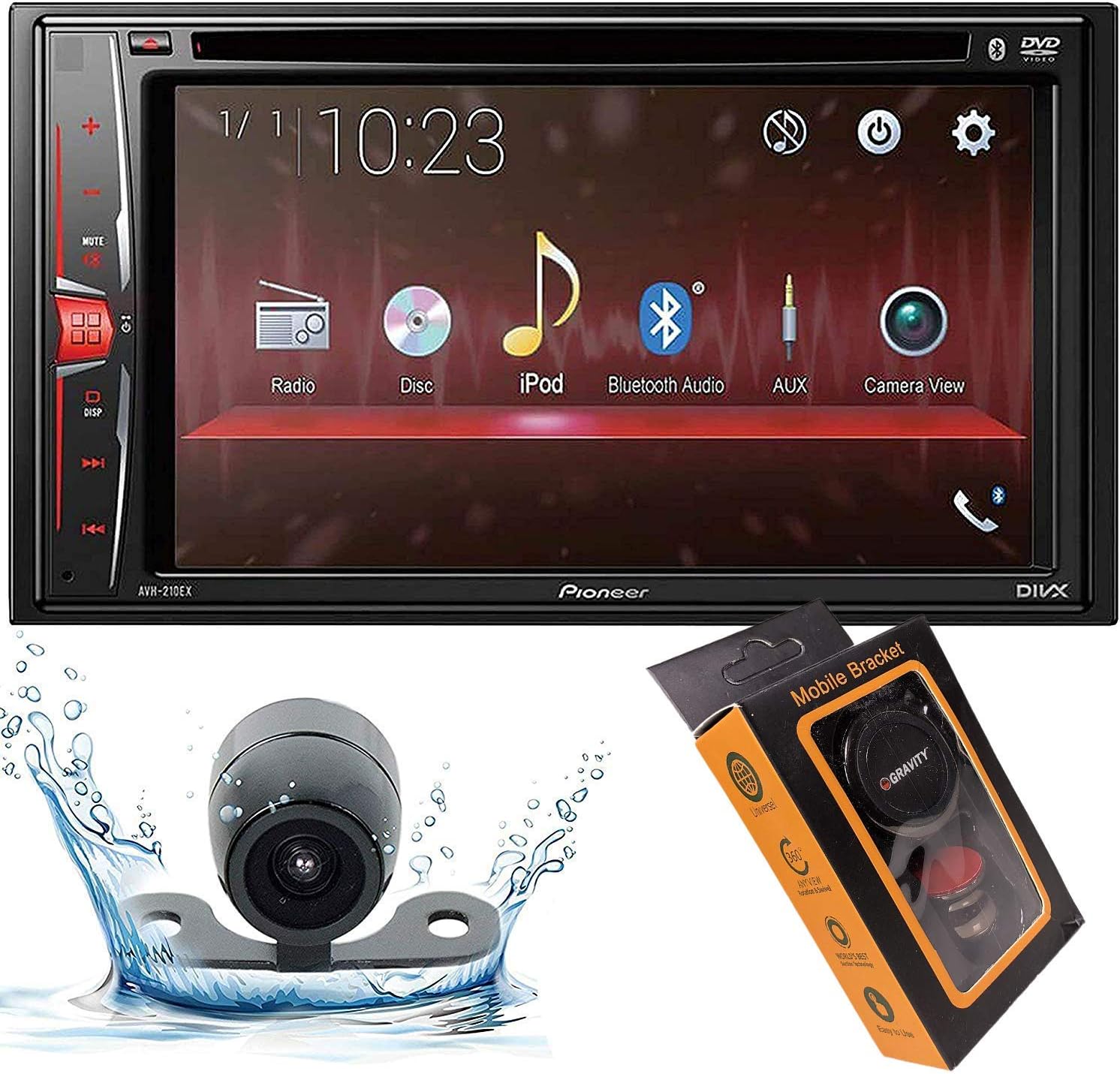 Pioneer AVH-210EX Double DIN Bluetooth in-Dash DVD/CD/AM/FM/Digital Media Car Stereo Receiver with HD Backup Camera and Magnet Phone Holder