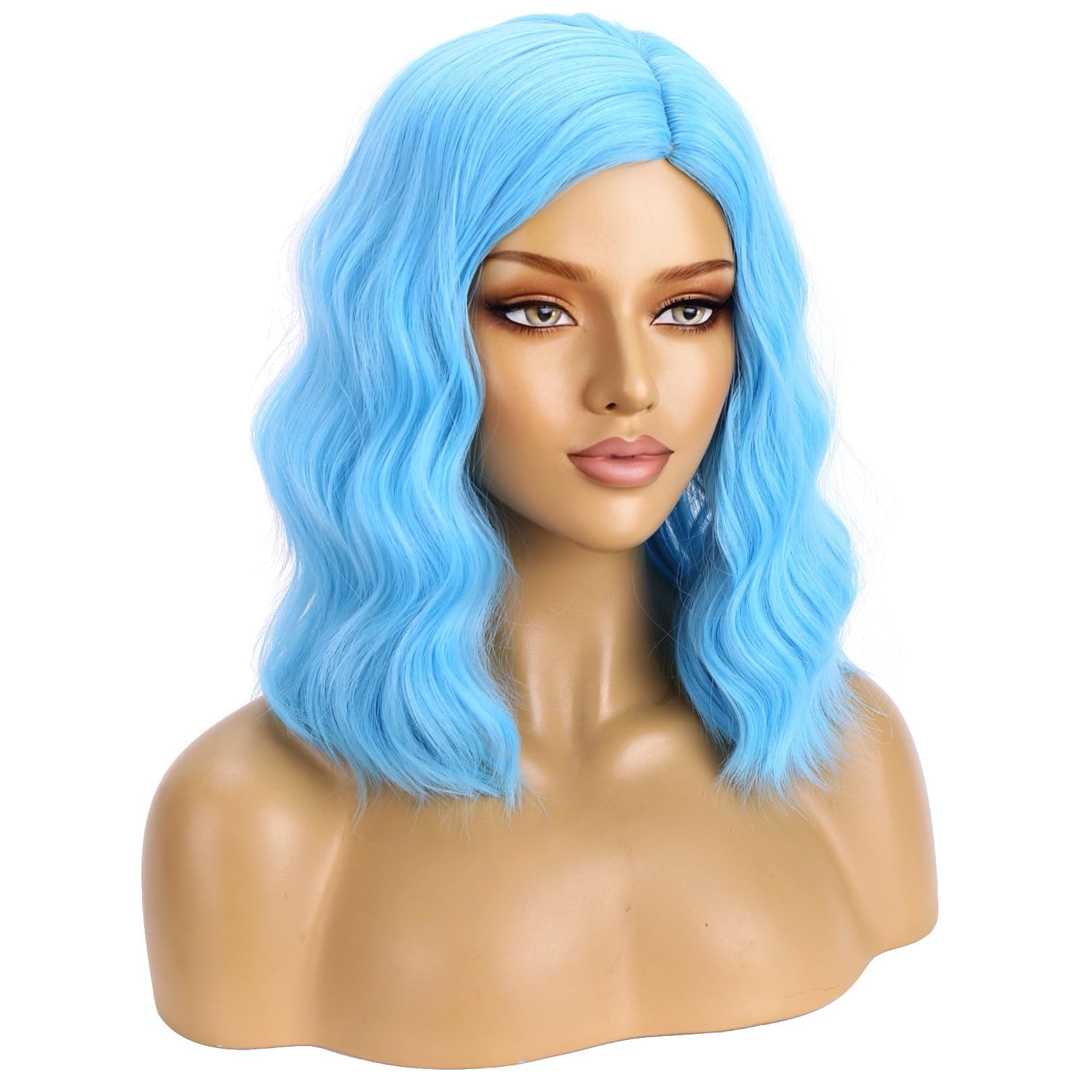 Photo 1 of BERON Blue Wigs for Womens Short Curly Wavy Wig Girls 14 Inch Sky Blue Colored Side Part Wigs Shoulder Length Heat Resistant Synthetic Cosplay Party or Daily Use Wigs