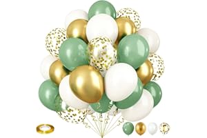 ISNDARE Sage Green and Gold Balloons, 12 Inch Olive Green White Metallic Gold Confetti Latex Balloons Set, Retro Green Gold Balloons for Girls Women Birthday Wedding Jungle Baby Shower Party Decorations