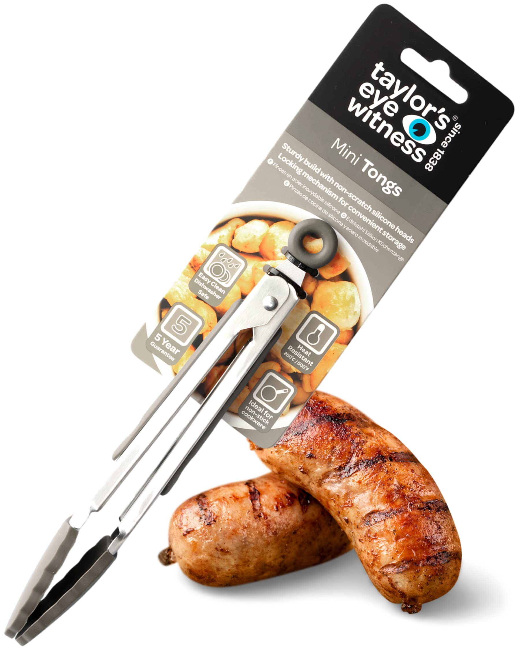Taylors Eye Witness Small Steel Grey Silicone Tongs - Dishwasher Safe. Sturdy Build, Non-Scratch Heads and Convenient Locking Mechanism. Odour, Stain & Heat Resistant (260°C/500°F). 5 Year Guarantee