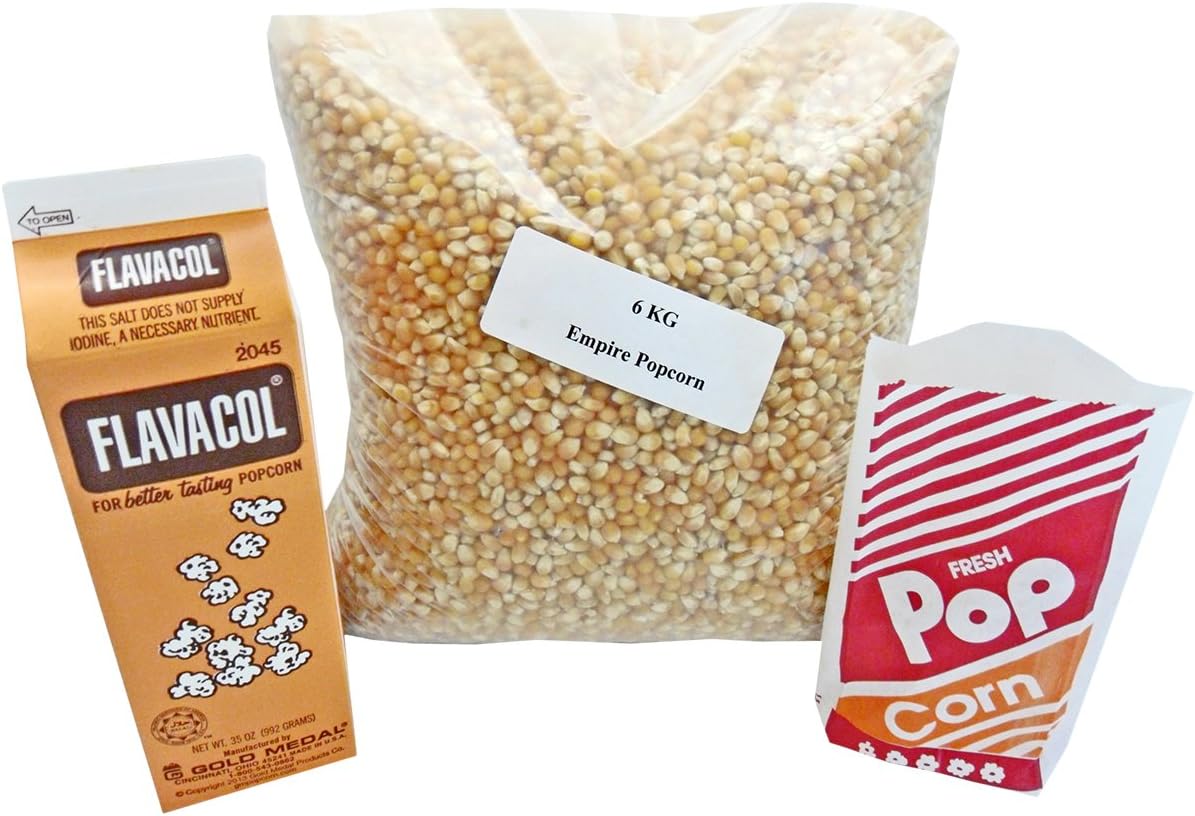 Popcorn Kernels Pack 6kg Corn + Flavacol Seasoning +300 Small Popcorn Bags
