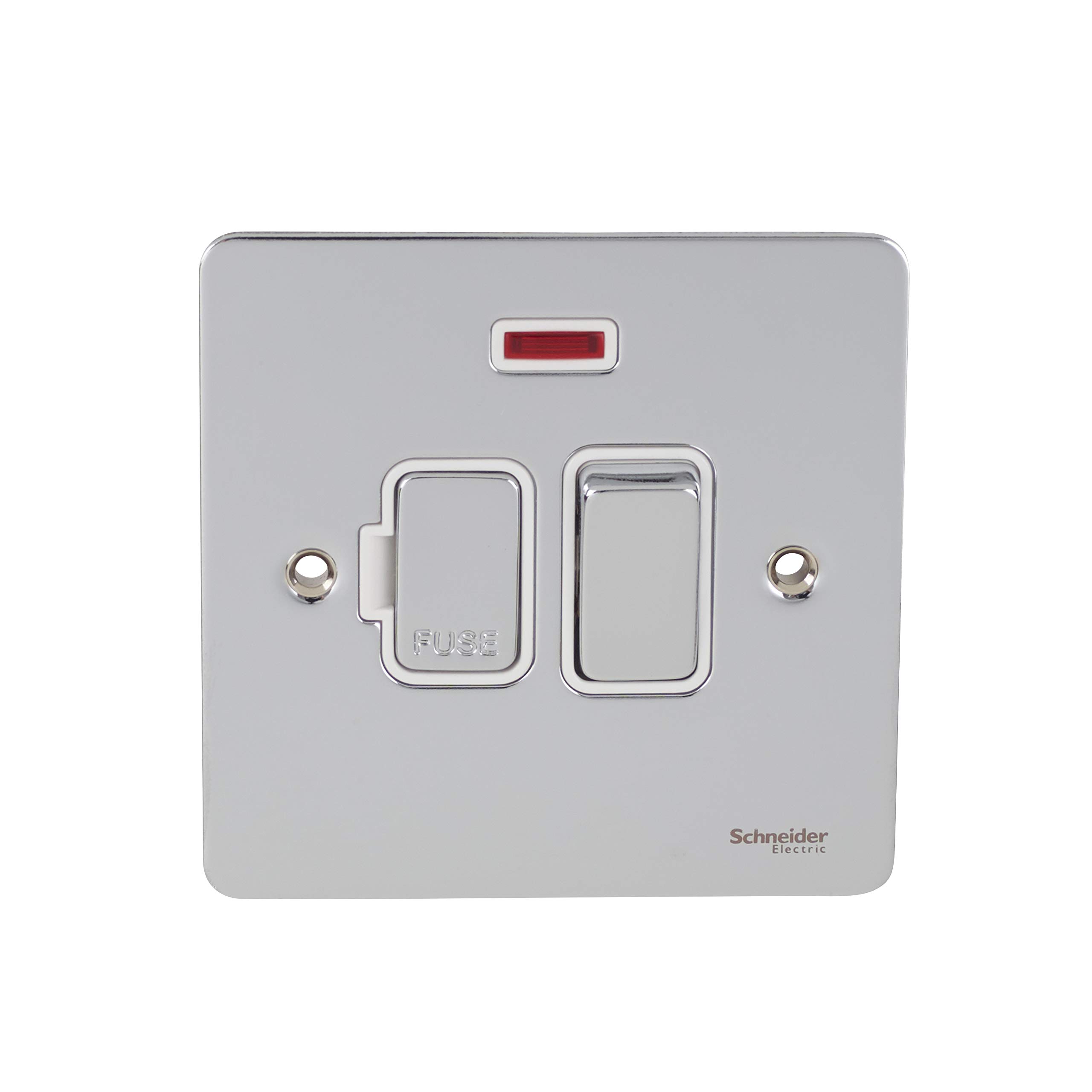 Schneider Electric Ultimate Flat Plate - Switched Fused Connection Unit, with Neon Indicator, 13A, GU5211WPC, Polished Chrome with White Insert