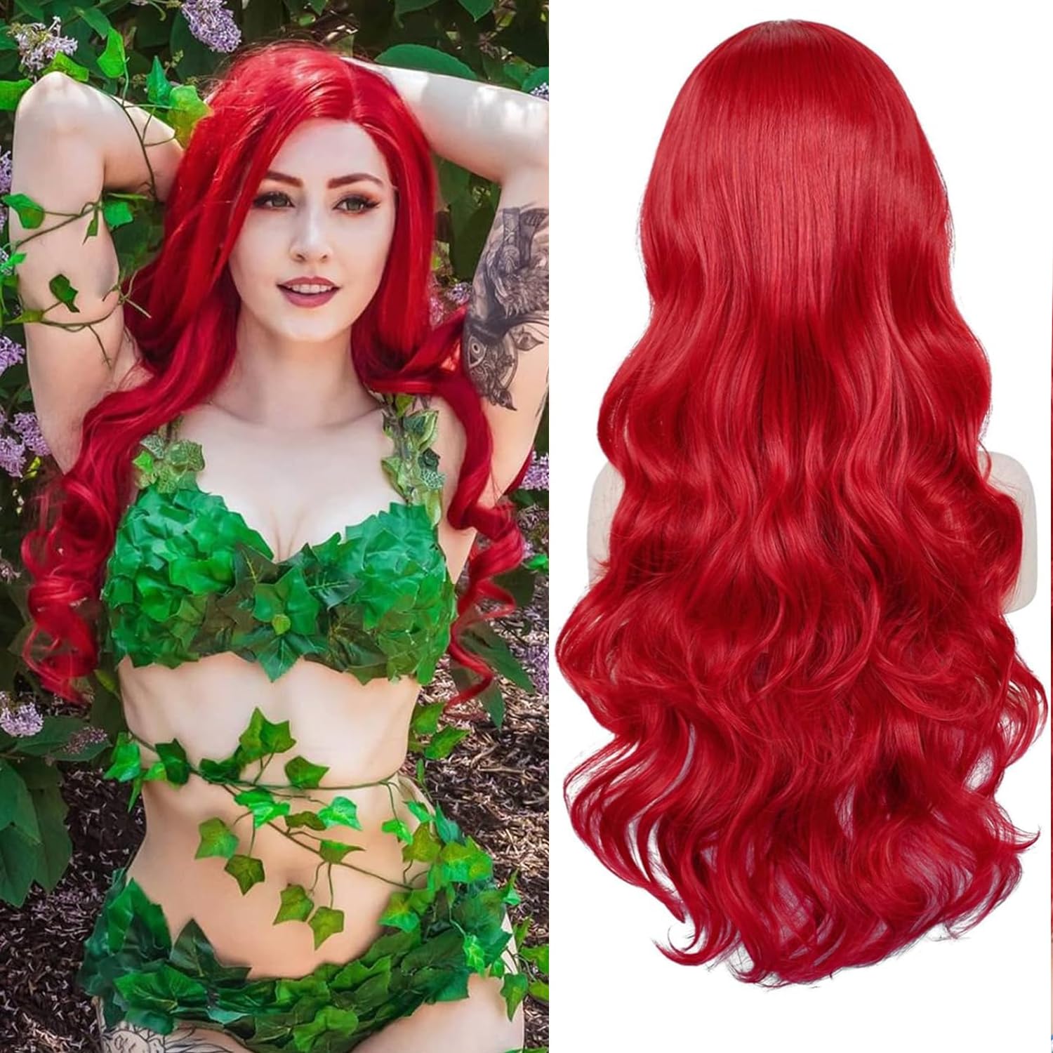 PORSMEER Long Wavy Red Wigs with Starfish Hair Clips for Women Ladies Mermaid Fancy Dress Wig, Natural Synthetic Hair Long Replacement Full Wig for Mera Queen Halloween Cosplay Party