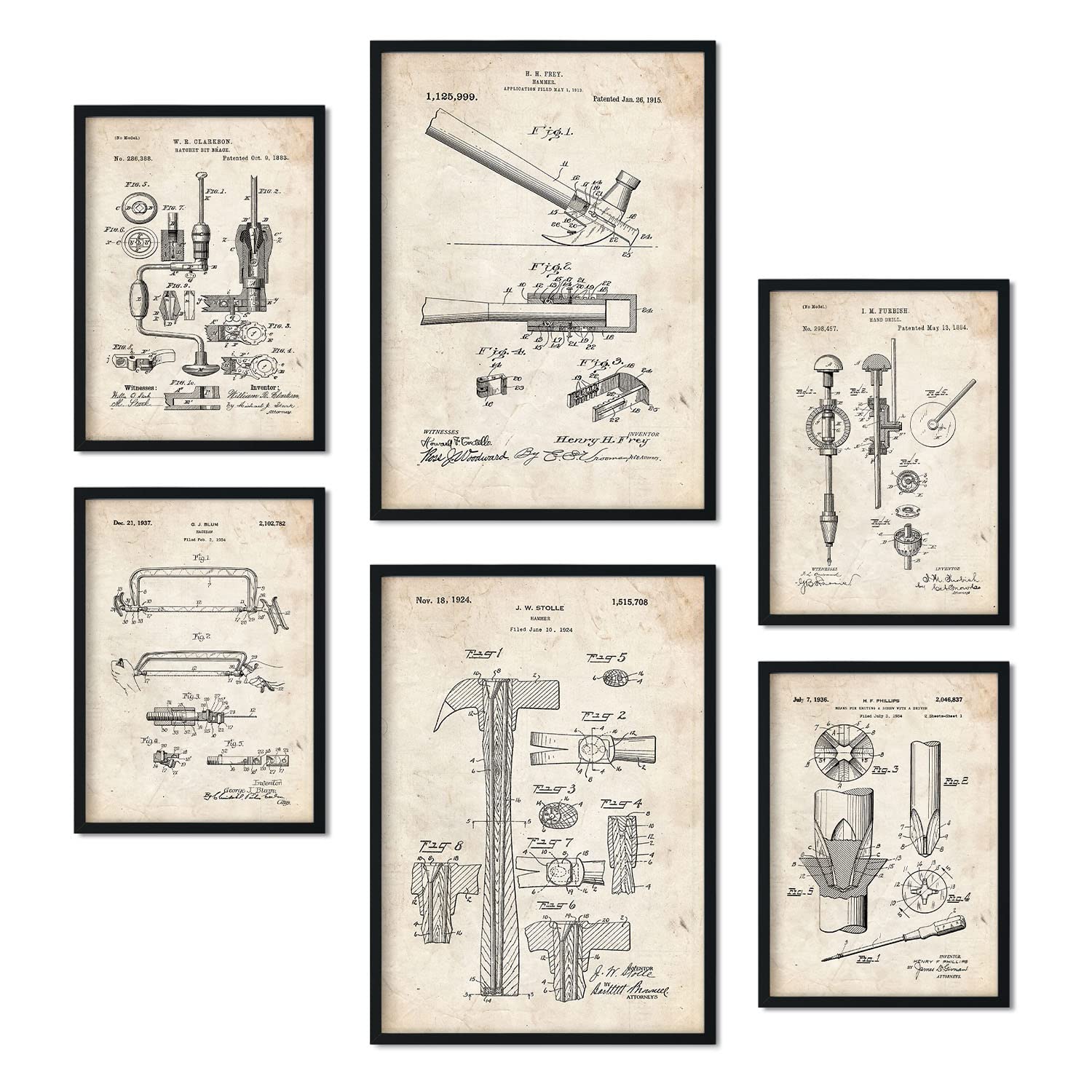 Nacnic Set of 6 Construction Tools 2 patent prints. Posters with retro patent illustrations for your home, shop, office... Vintage style interior decoration. A4 and A3 sizes. No frame.