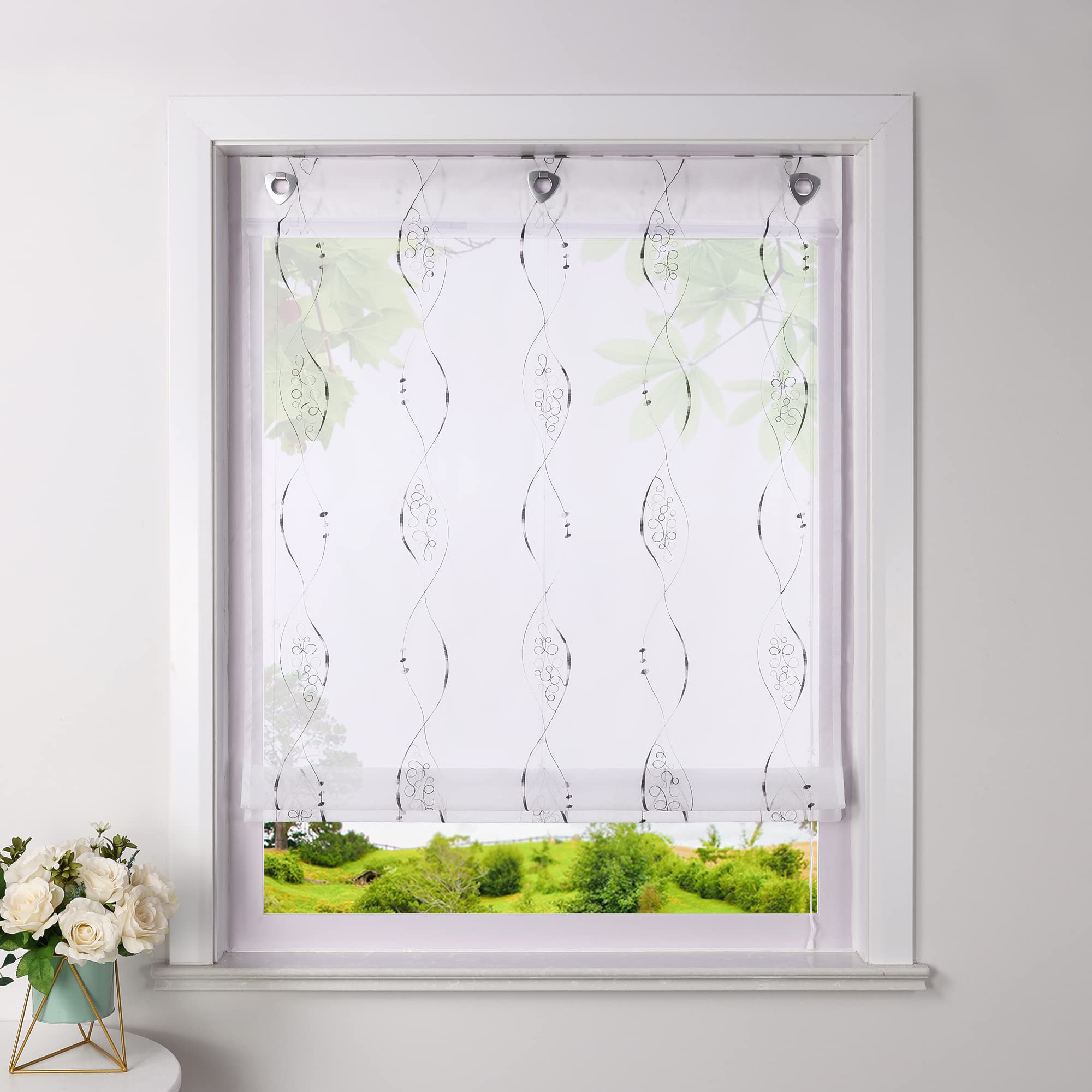 Heichkell Roman Blind, No Drilling Required, Voile, Roman Curtain with Eyelets, Transparent Curtain with Hook Hanger, Eyelet Blind with Modern Embroidery, Grey, W x H, 80 x