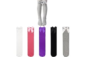 GENTABY Toddler Girls Knee High Socks 5 Pack Bows Stocking Solid Dress Princess Socks Little Girl Age 3-7 Years