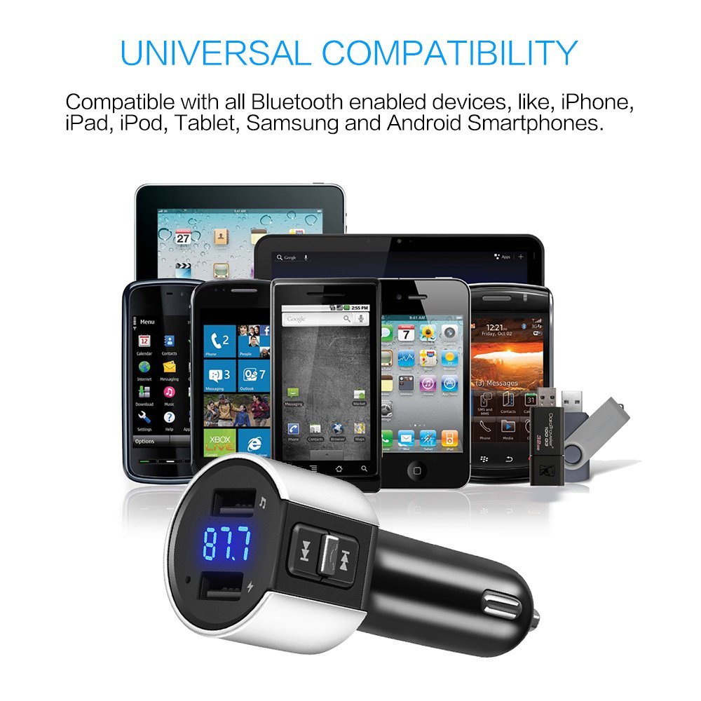 Car charger, BliGli Bluetooth FM Transmitter, BT Receiver with Microphone, Hands -free Calling, 3.4A Dual USB Ports for iPhone,Samsung and Android,Supports Call Number Announcement,Last Call Redial
