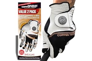 Copper Tech Golf Gloves Men Right Handed Golfer Or Left Handed Golfer (2 Pack) | Copper Compression Joint Support with Flexible & Comfortable Fit | AAA Leather Construction & Tacky Silicone Pad