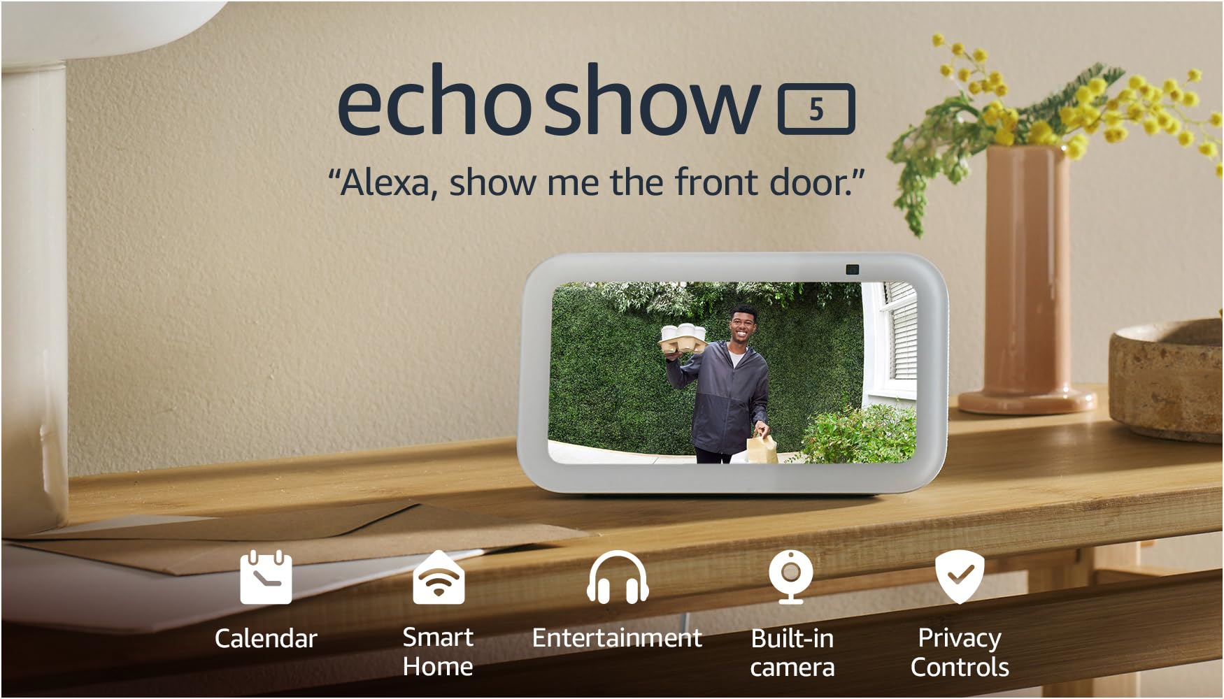 Echo Show 5 (Newest gen) | Smart display and alarm clock with clearer sound | White