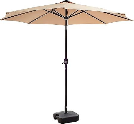 Amazon Com Lokatse Home 8 8ft Outdoor Solar Powered Patio Umbrella With 8 Led Lights Bars 24 L Stand Fillable Water Plastic Square Base Set Khaki Garden Outdoor
