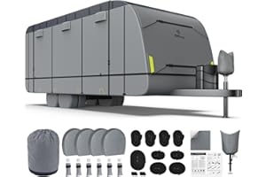 RVMasking RV Cover for 24' 1"-26' - 600D Oxford Fabric Waterproof Rip-Stop, Heavy Duty Travel Trailer Cover with 3Pcs Windproof Straps, 4 Tire Covers & Tongue Jack Cover, Camper Cover Neutral Gray