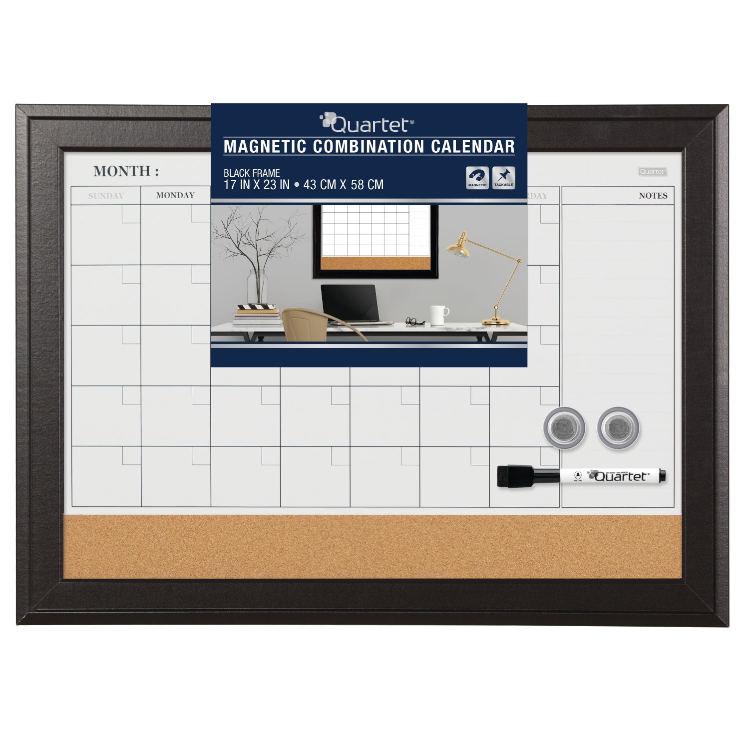 Quartet Dry Erase Calendar Board, Planner, Magnetic, Combo White Board & Cork Board, 17" x 23", Black Frame (79275)