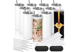 D·S 10 Pack Sublimation Tumblers 20 oz Skinny Stainless Steel Insulated Straight Sublimation Tumbler Blank with Straw, Lid, Brush and Shrink Wrap