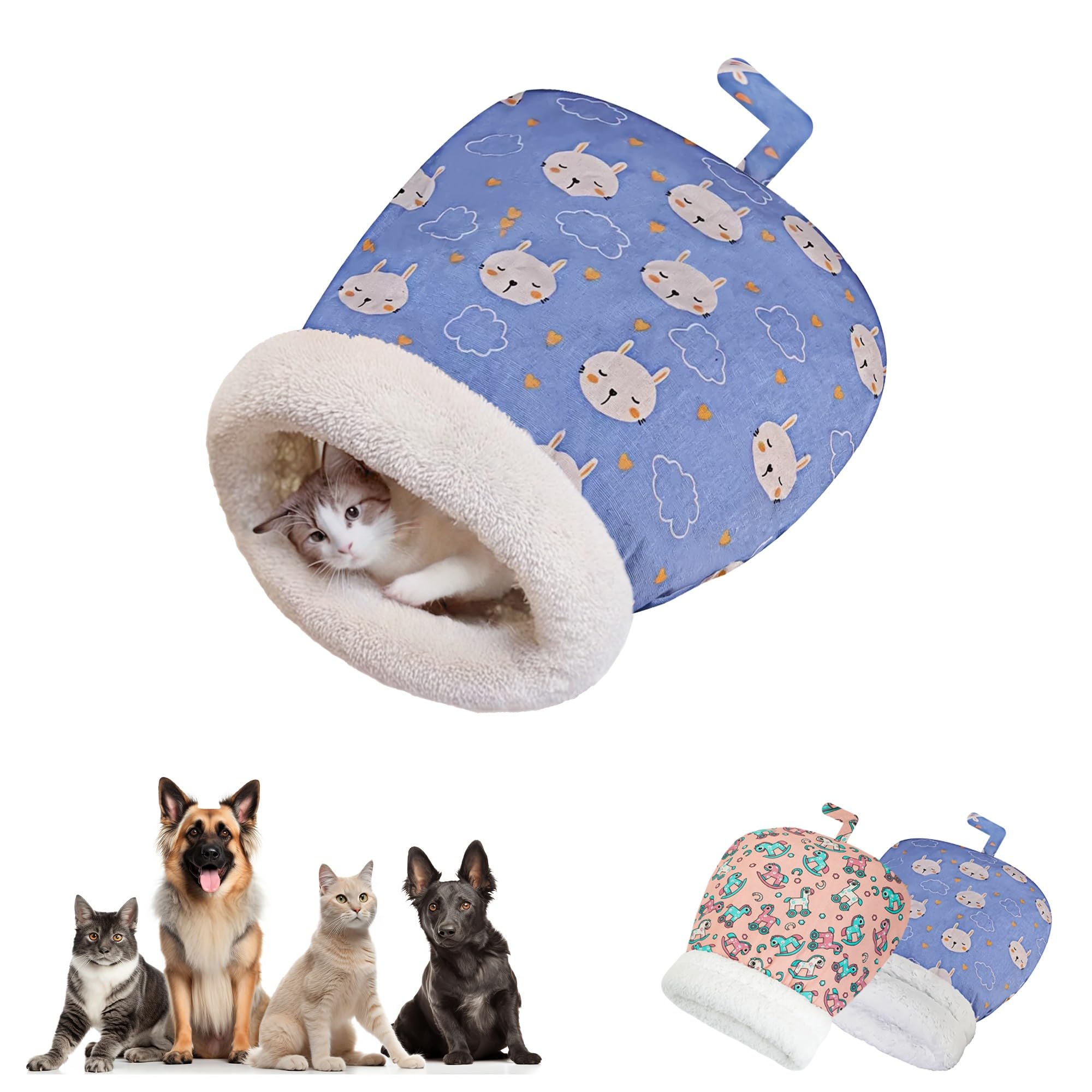 Cat Sleeping Bag for Indoor Cats, 2026 Fluffy Cat Winter Nest Cave Bed, 360° Warm Semienclosed Soft Plush Pet Sleep Bags for Dog Puppy Kitten 5.5-16.5 Pounds (Blue Rabbit)