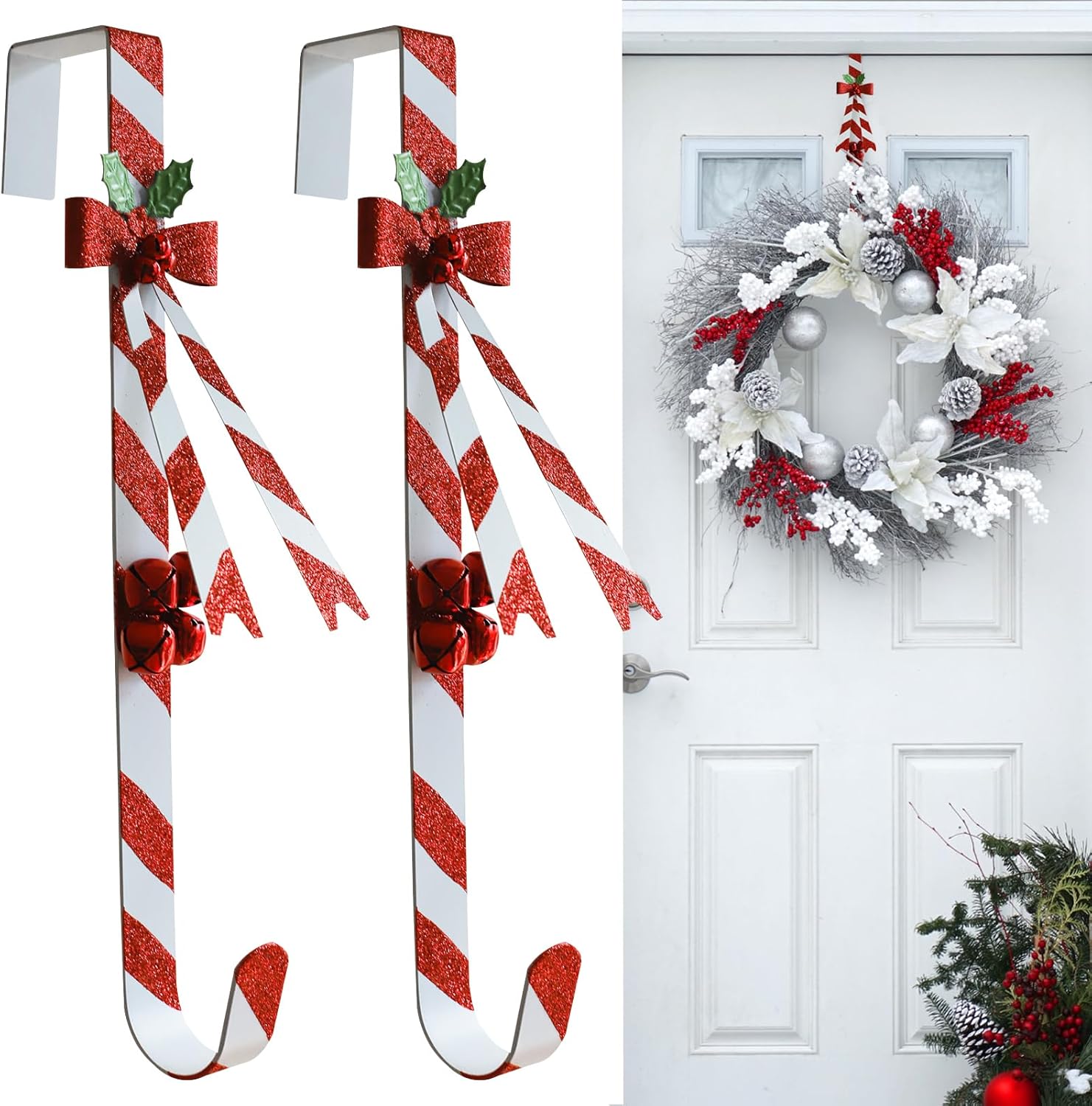 Wreath Hangers - WKHOMEDECO 2 Pack Candy Cane Wreath Hangers for Front Door,Christmas Decoration Metal Over The Door Wreath Hanger Ornament,Door Wreath Hanger