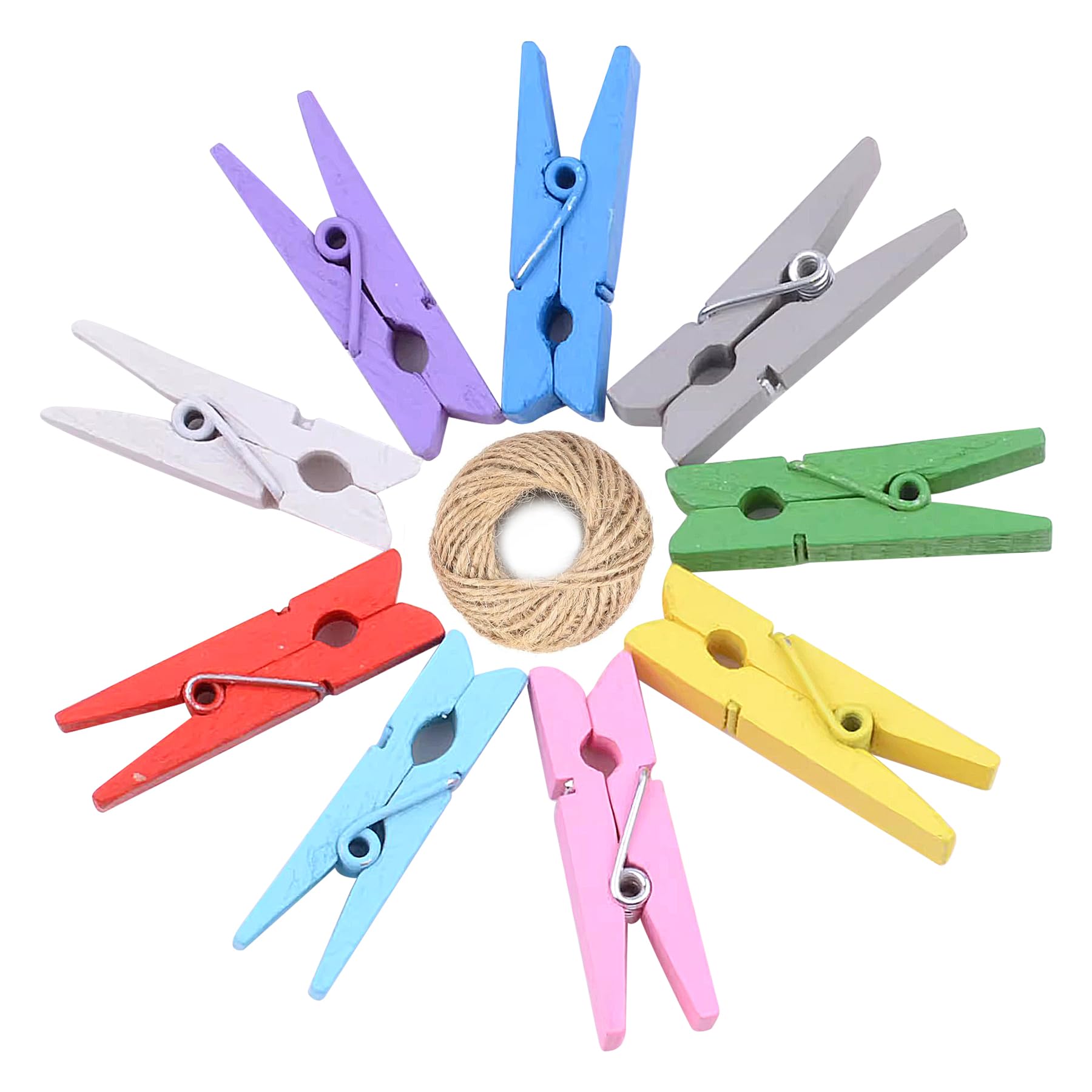 100 Wooden Mini Crafts Pegs and10M String Clothes Clips 3cm Natural Small Hanging Photos Wooden Pegs for Photo Wall Display,Craft,Weddings & Party