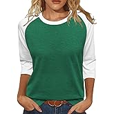 Heymiss Womens Tops 3/4 Sleeve Shirts Round Neck Loose Casual Tshirts Color Block Summer Tees