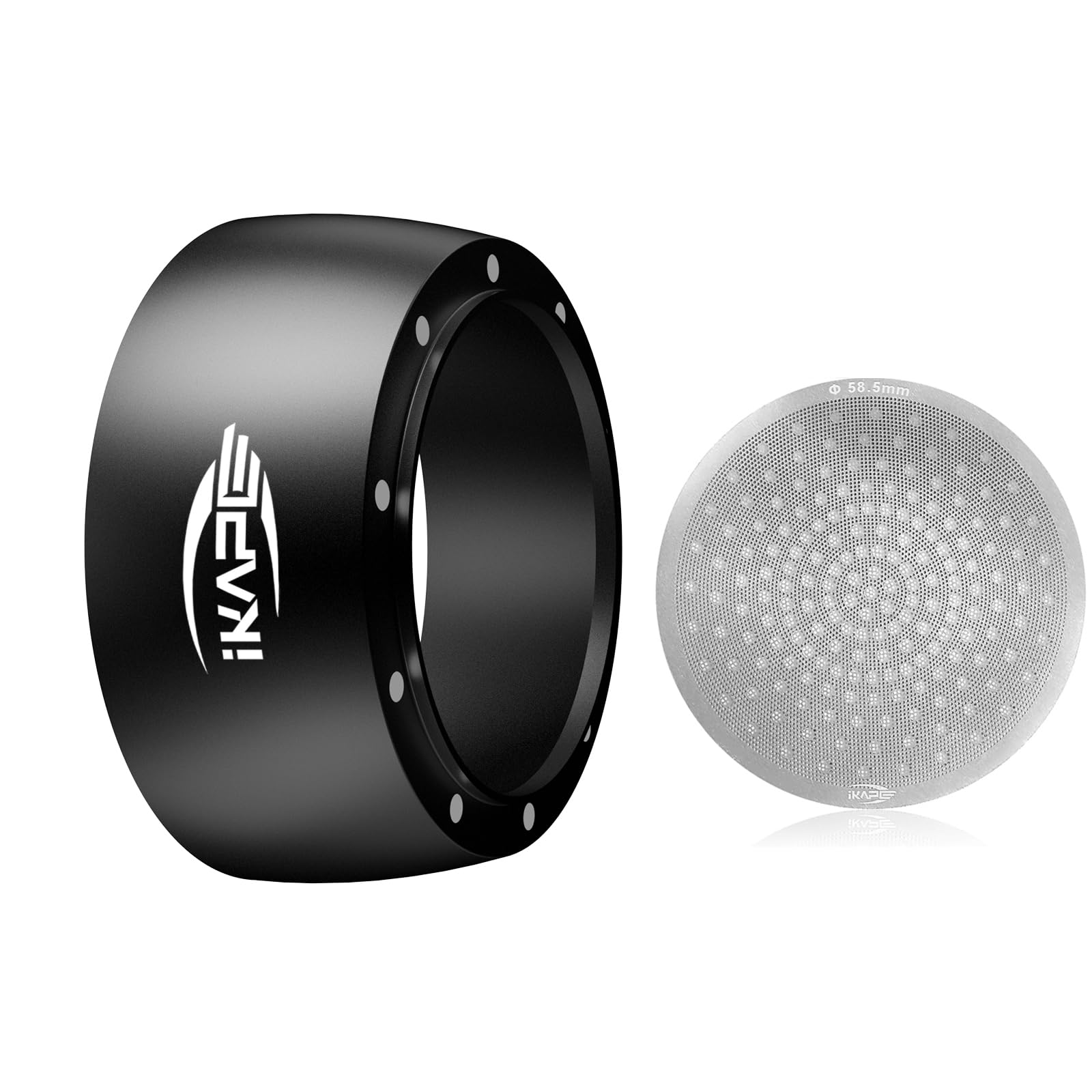 IKAPE Magnetic Dosing Funnel Set, 58MM Espresso Dosing Ring & Puck Screen Kit Compatible with 58MM Bottomless Portafilter - with 10 Small Magnet (Black)
