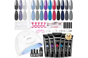 JEWHITENY Poly Nail Gel Kit 14 Colors Purple Nude Grey Black Blue Glitter Tones Starter Kit with UV Lamp Matte & Glossy Top & Base Coat All-in-One Designs DIY At Home