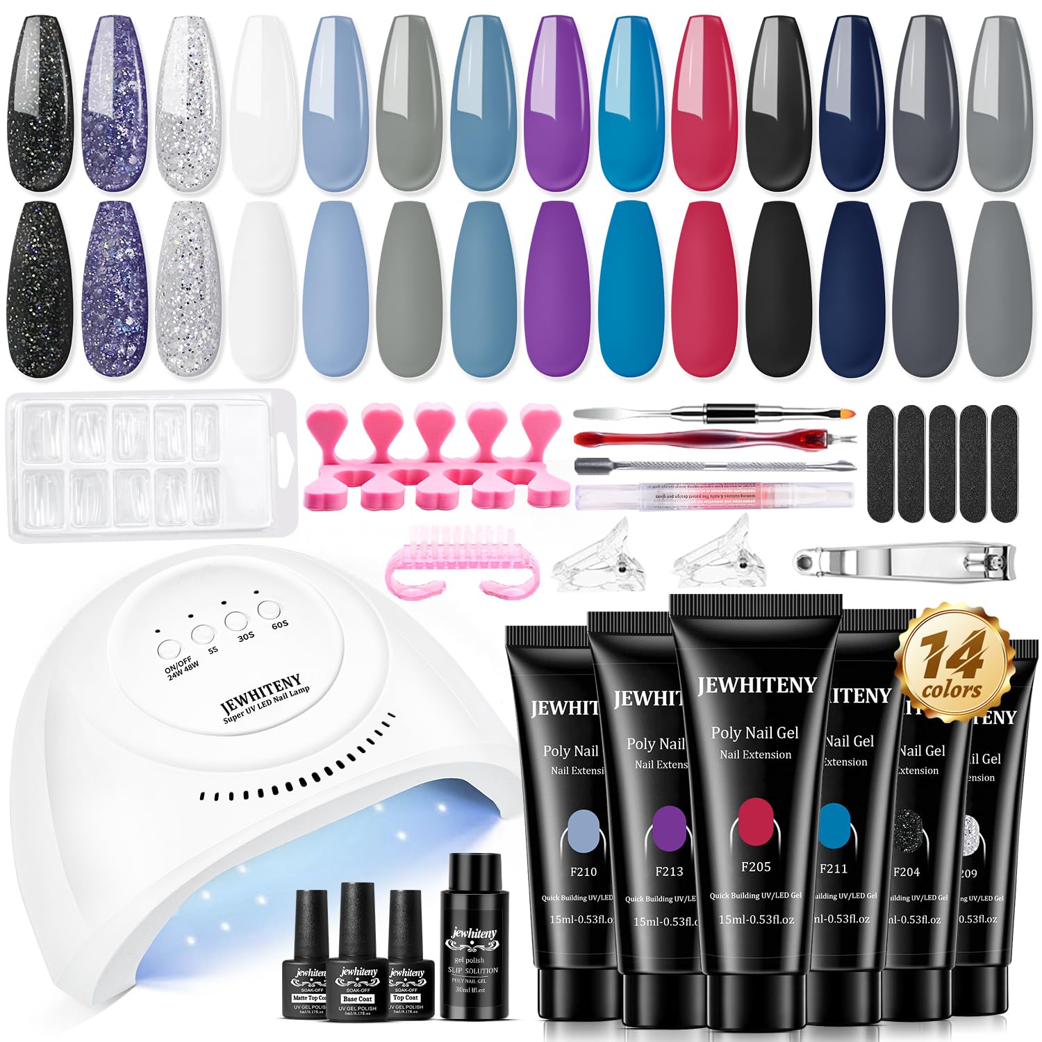 Photo 1 of JEWHITENY Poly Nail Gel Kit 14 Colors Purple Nude Grey Black Blue Glitter Tones Starter Kit with UV Lamp Matte & Glossy Top & Base Coat All-in-One Designs DIY At Home