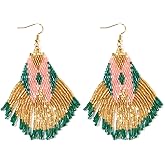 EQUBIO Bohemian Beaded Long Tassel Dangle Earrings for Women, Handmade Jewelry White Tarnish Resistant Lightweight Design, Stylish Accessory for Beach Vacation Party and Gift