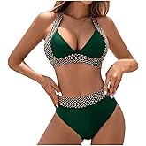 Bikini Sets for Women Sexy Two Piece Swimsuit Deep V Halter Bikini Top with High Waisted Bottoms Push Up Bathing Suit