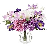 WELL KNOWN Silk Peony Mixed Wild Flower Bouquet in Vase, Artificial Flowers Arrangements Purple & White Fake Flowers with Vase for Home Living Room Wedding Party Dinning Table Seasonal Decor