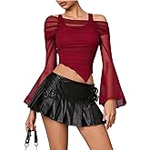 OYOANGLE Women's Long Sleeve Shirt Mesh Crop Top Asymmetrical Hem Crop Blouse Y2K Going Out Top Club Party