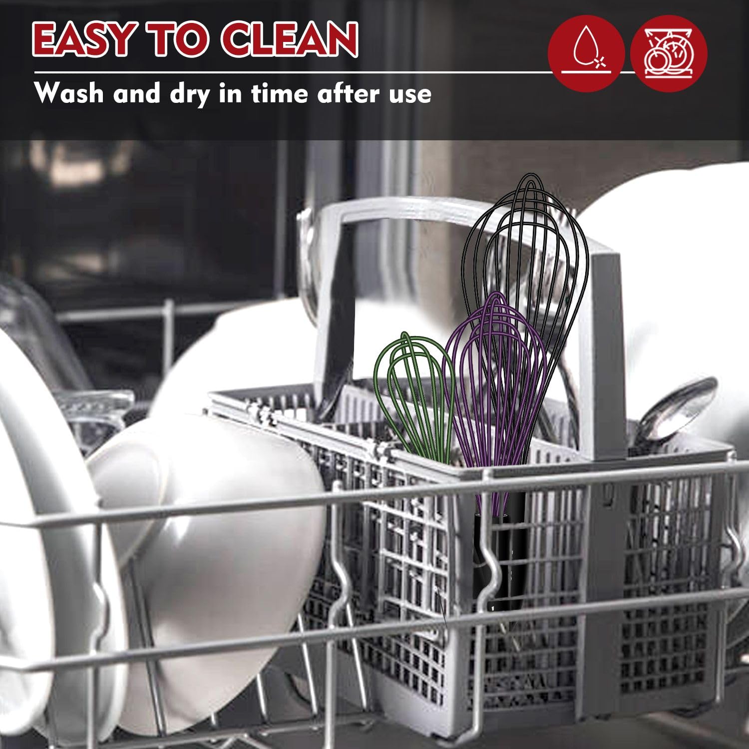 Walfos Silicone Whisk With 8in Rest,Whisks for Cooking Non Scratch,7.5+9+11in Whisk for Nonstick Cookware,Dishwasher Safe,Rest for Kitchen Counter Wisk Perfect for Blending, Baking, Beating, Set of 4