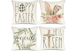 GEEORY Easter Pillow Covers 18x18 Set of 4 Easter Decorations for Home He is Risen Floral Pillows Bunny Easter Buffalo Plaid Eggs Decorative Throw Pillows Spring Easter Farmhouse Decor