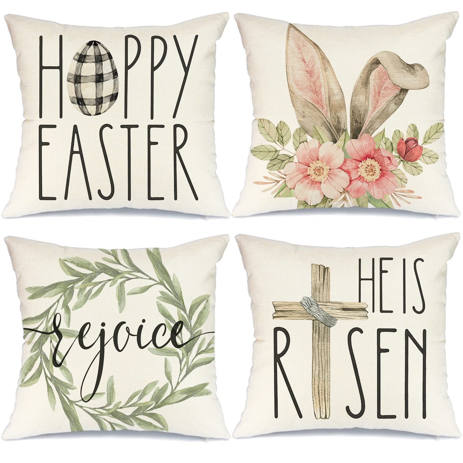 GEEORY Easter Pillow Covers 16x16 Set of 4 Easter Decorations for Home He is Risen Floral Pillows Bunny Easter Buffalo Plaid Eggs Decorative Throw Pillows Spring Easter Farmhouse Decor