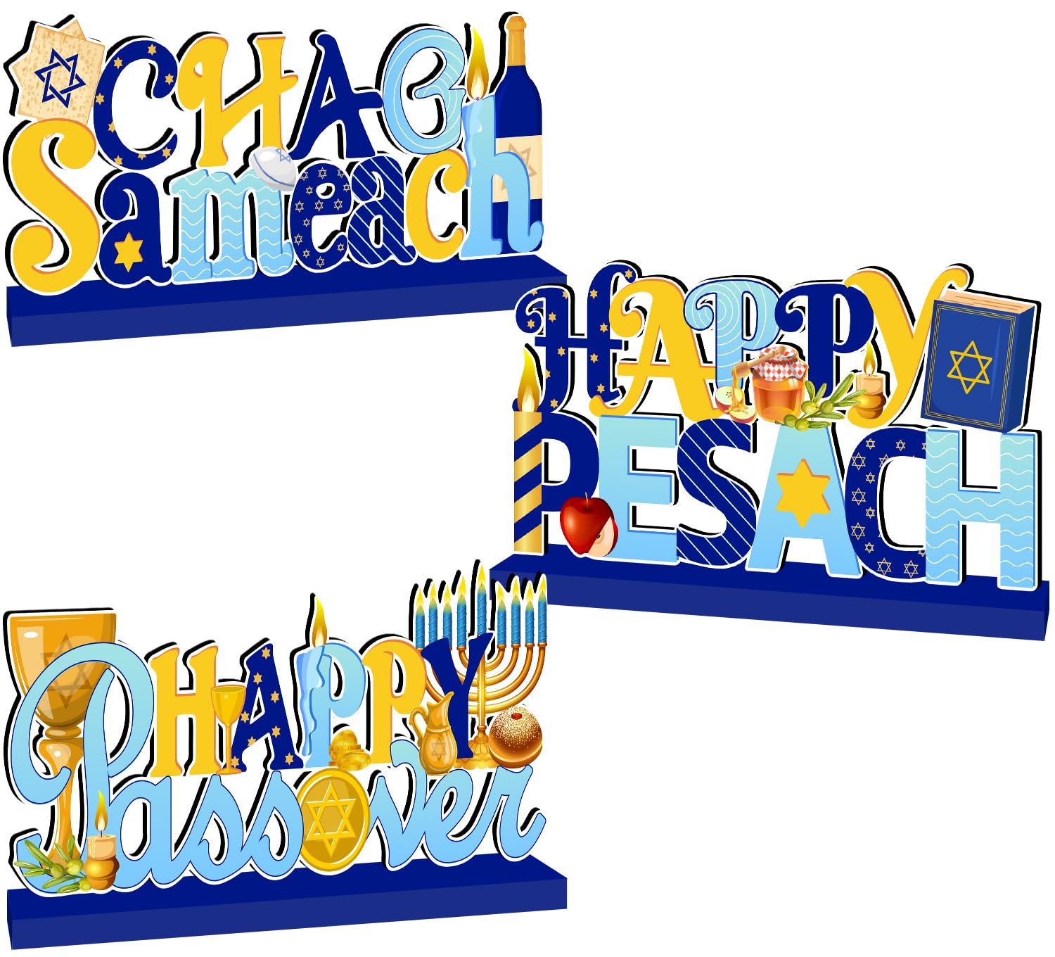 Photo 1 of Passover Decorations, 3Pcs Happy Passover Wooden Table Centerpieces Chag Sameach Table Topper Decorations Pesach Decor Pesach Seder Party Supplies for Jewish Holiday Tiered Tray Decor