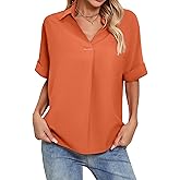 Poplab Women's Dressy Casual Tops Loose Fit Short Sleeve Work Blouses Collared V-Neck Dress Shirts
