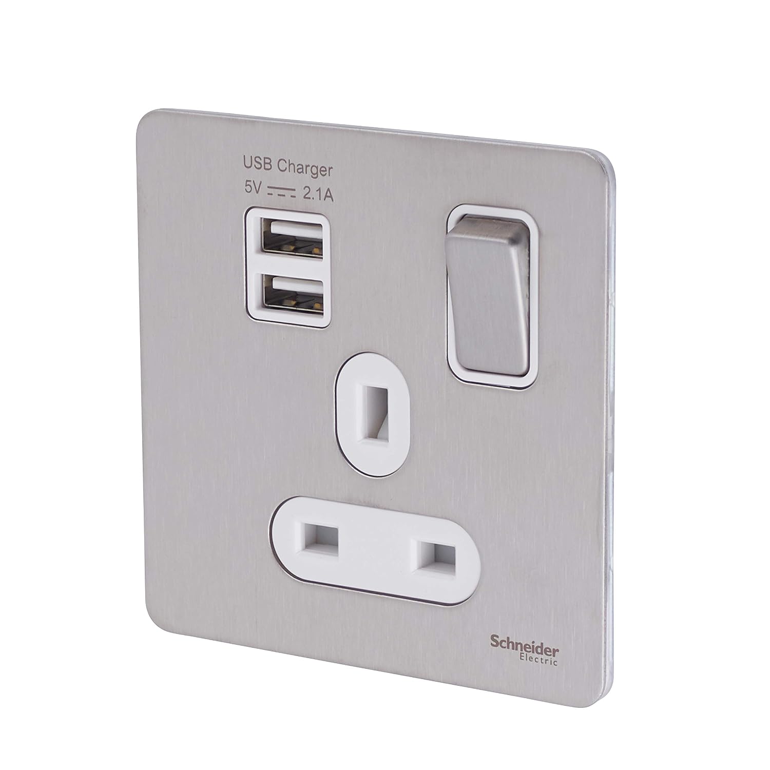 Schneider Electric Ultimate Screwless Flat Plate, Switched Single Power Socket with USB Charging Ports, Double Pole, 13A - Image 3