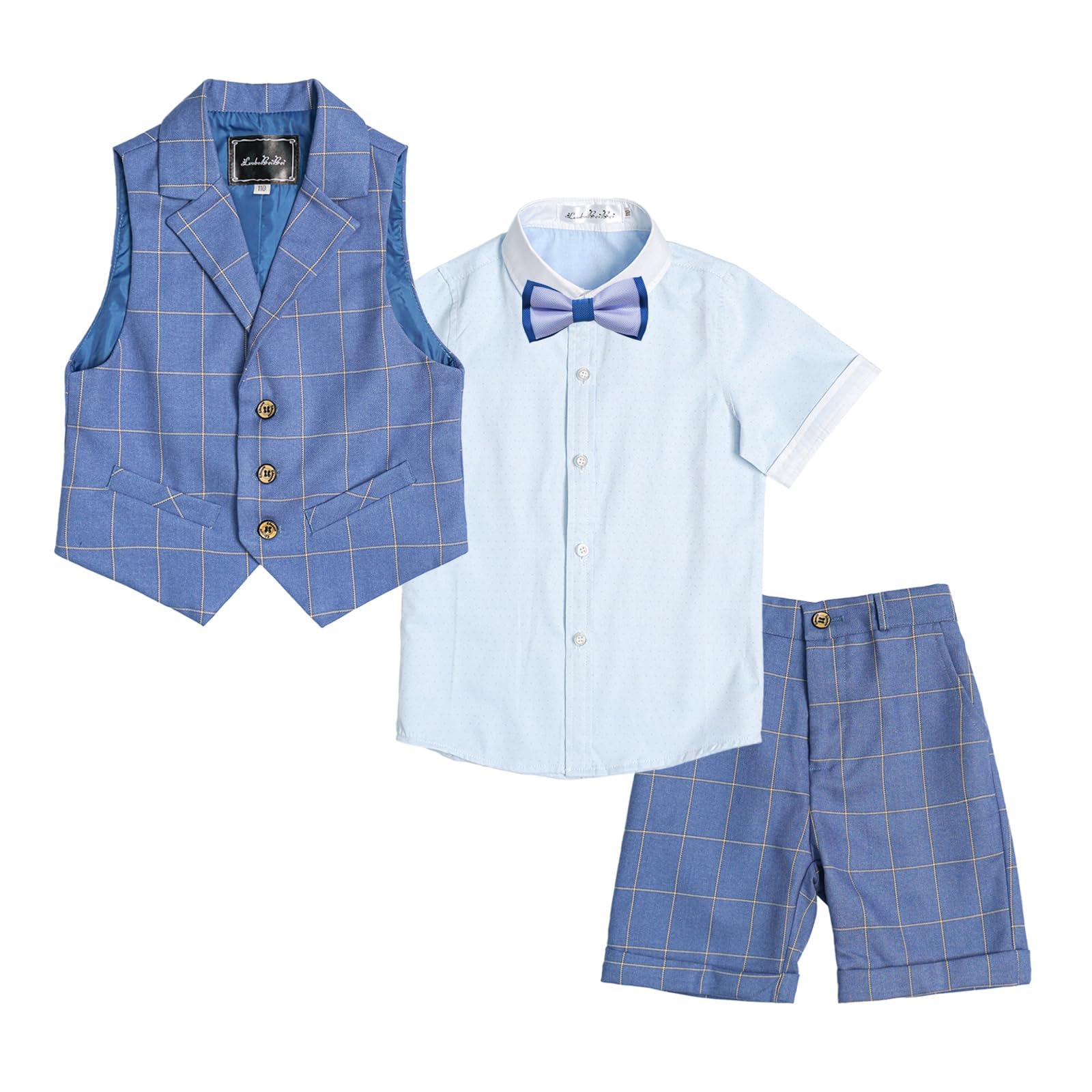 Photo 1 of *** shirt and bow missing*** LOLANTA Toddlers Kids Summer Suit Boys 4PCs Waistcoat Suit, Wedding Party Shorts Set, Page Boy Outfits, Vest, Shirt, Shorts, Bow Tie(3T, Blue)