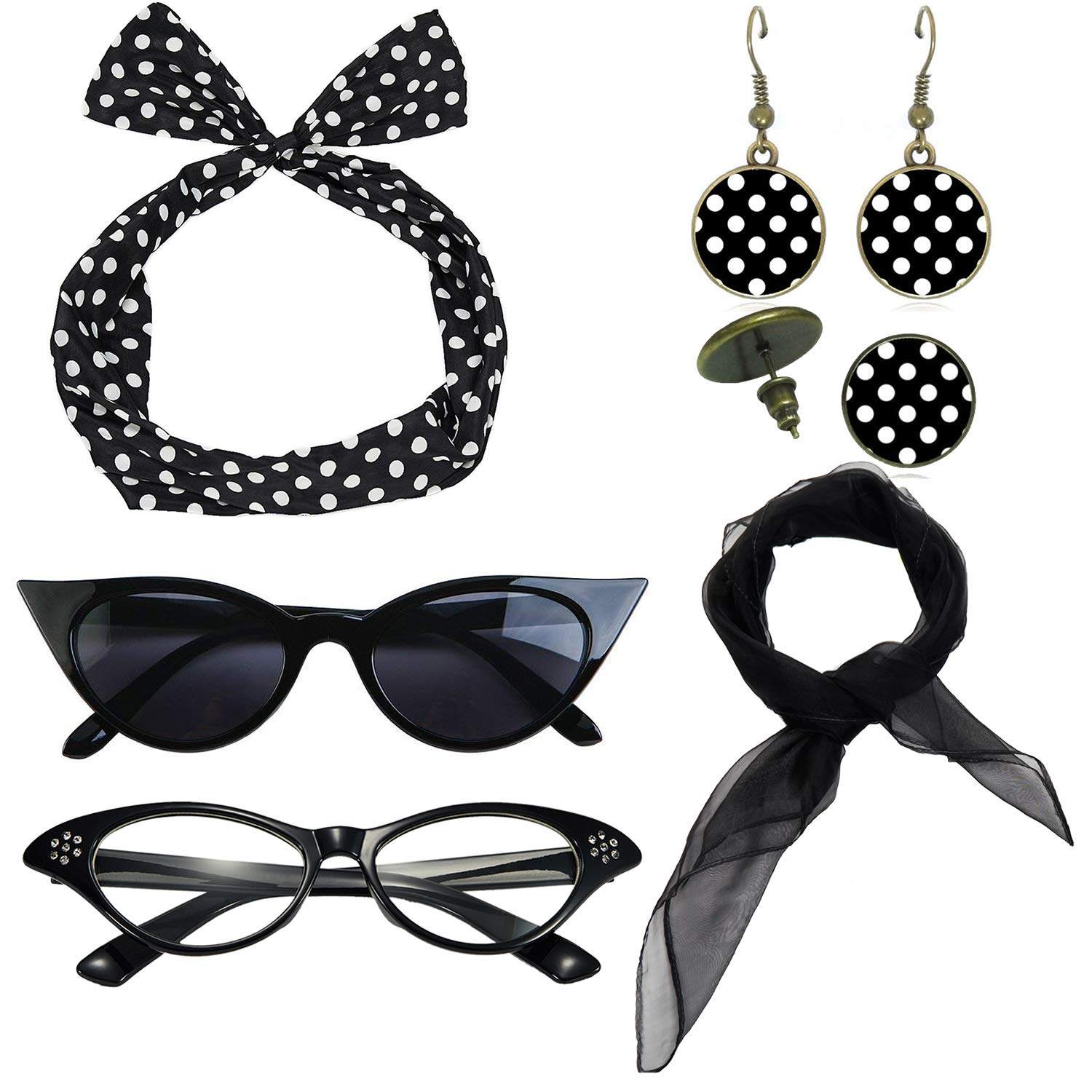 Photo 1 of 1950's Womens Costume Accessories - 50s Chiffon Scarf,Cat Eye Glasses,Bandana Tie Headband,Drop Dot Earrings (Black)