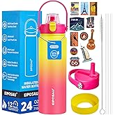 Insulated Water Bottle with Lid & Boot & Stickers, 24 oz Stainless Steel Sweat Free Bottle Keep Cold 24H, BPA-Free Sports Wide Mouth Water Bottle, YellowRed