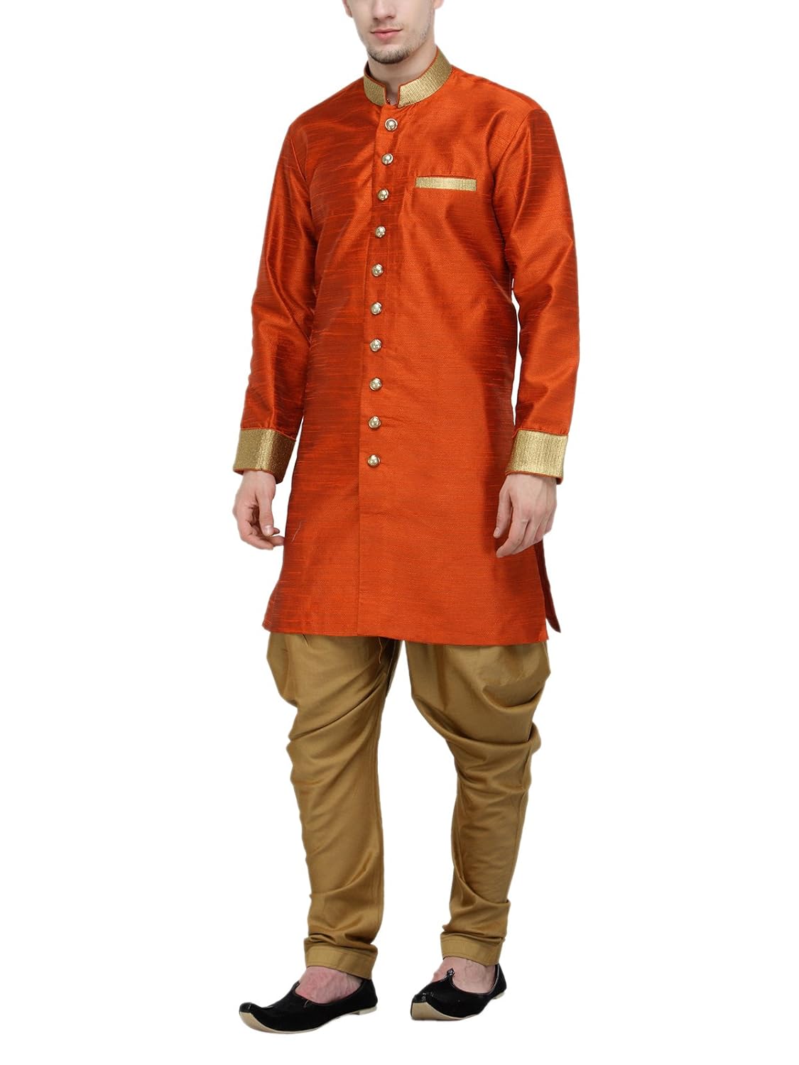 rg designers orange and gold plain sherwani for men