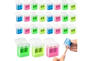 JEFURE 24 Pcs 2 Holes Small Manual Pencil Sharpener with Lid, Colored Handheld Dual Hole Pencil Sharpeners Bulk, Crayon Colored Pencils Sharpener, Pencil Sharpener for Kids, Office, School, Classroom