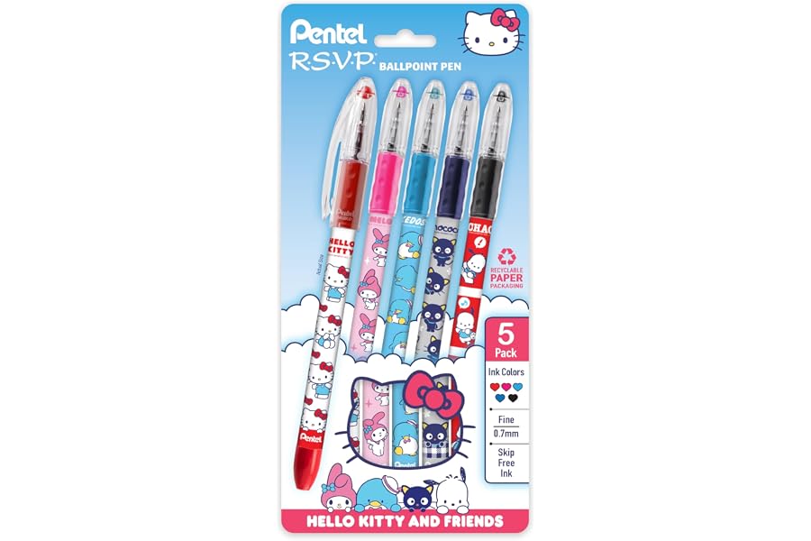 Pentel RSVP Ballpoint Pen, Hello Kitty® and Friends, Limited Edition, Mix 2, 0.7mm Fine Line, Assorted Ink, 5-Pk (BK90HKPF5M1)