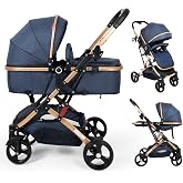 2 in 1 Baby Stroller Blue Newborn Stroller Foldable Convertible Infant Stroller Pushchair Folding High Landscape Infant Carriage,Toddler Push Blue Baby Stroller