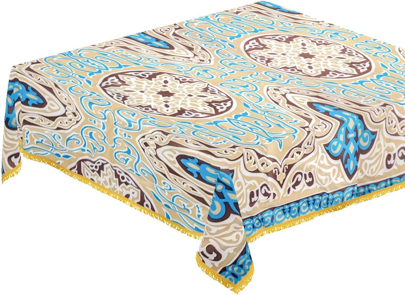 CraftiEgypt Egyptian Ramadan Decorative Colorful Beige Printed Khayamiya Khayyāmiyah Pattern Cotton Linen Tablecloth Dining Room Kitchen Square Table Cloth Cover 55 Inches