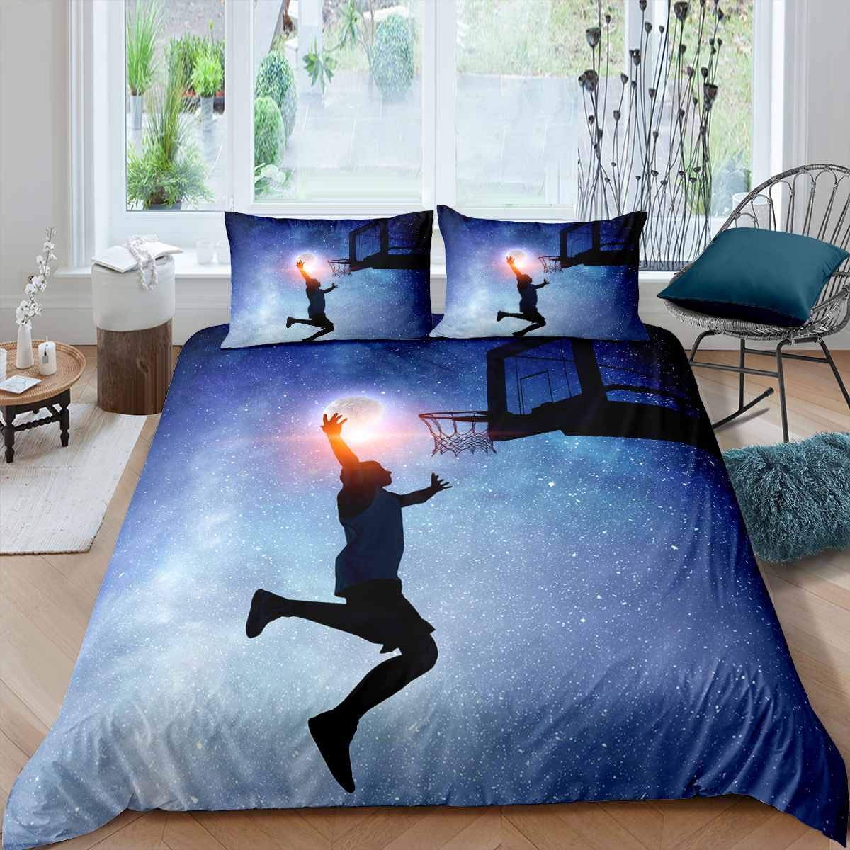 Basketball Bedding Set for Boys Teens Children Galaxy Bedding & Linen Sports Theme Duvet Cover Gift for Basketball Player Bedspread Cover Deep Blue Double Size 3Pcs Bedclothes — image 1