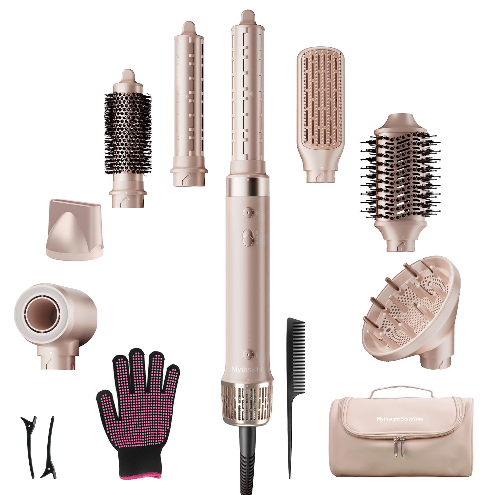 Mythsight StyleVibe 8-in-1 Air Styler, Hair Dryer & Blow Dryer Brush with Travel Case - Auto Wrap Curls (L/R), Fast Drying, Thermal Round Brush for Smooth Blowouts & Frizz-Free Volume, No Heat Damage Image