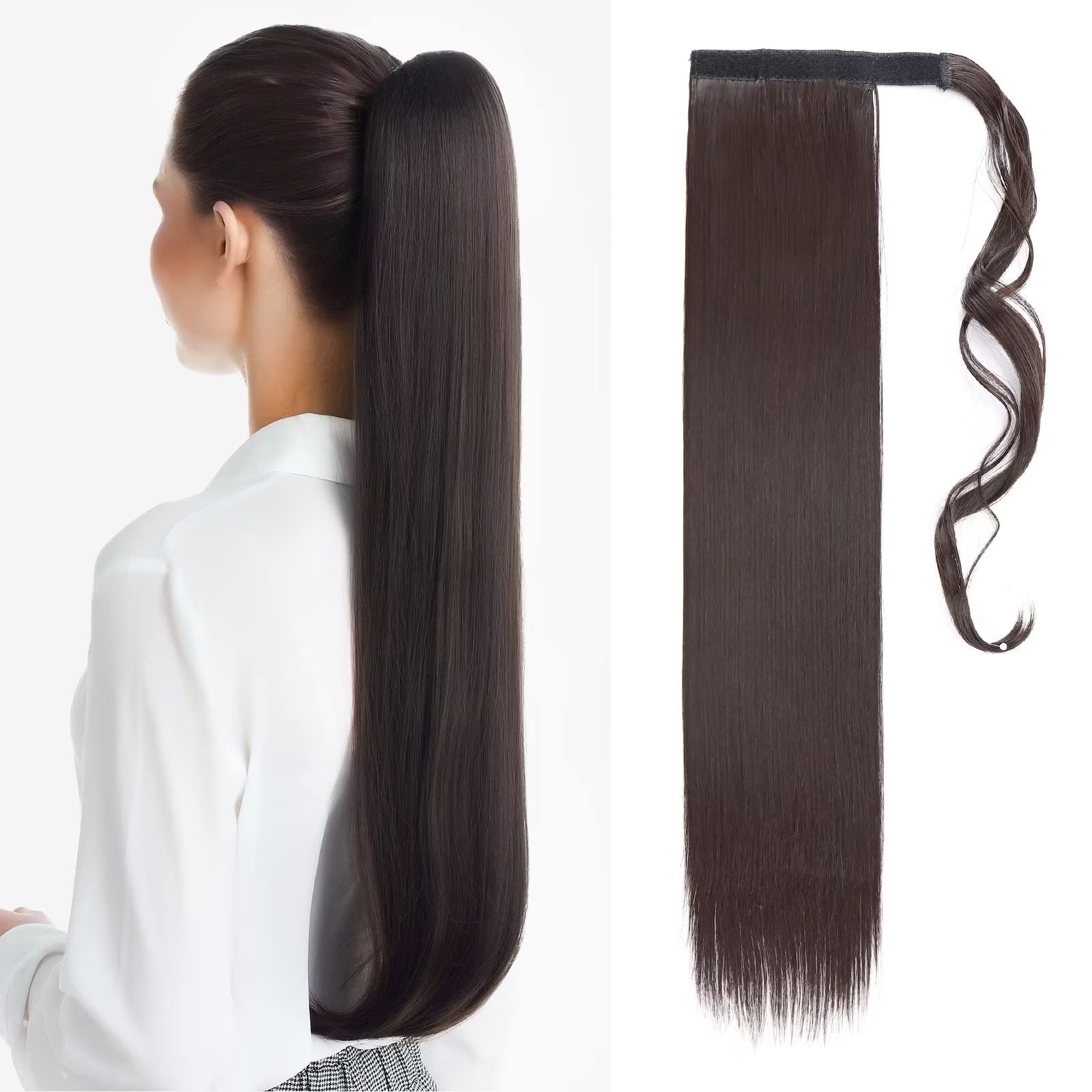 TESS Clip In Ponytail Hair Extensions Brown 23 Inches, 4A Dark Brown Straight Hair Extensions Clip In Ponytail 90g Fake Extension — image 1